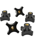 Top Shelf Four Point Grip Knobs With Standard One Quarter Twenty Thread Pattern For Quick Machine Tool Mounting Durable Painted Finish Heavy Duty Five Pack showing black steel knobs.