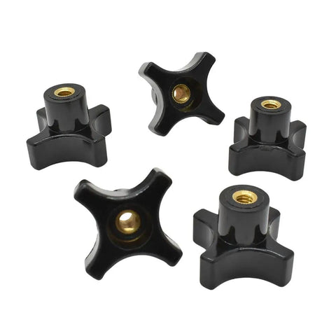 Top Shelf Four Point Grip Knobs With Standard One Quarter Twenty Thread Pattern For Quick Machine Tool Mounting Durable Painted Finish Heavy Duty Five Pack showing black steel knobs.