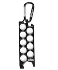 Paintball Ball Sizer Guide with 9 machined aluminum gauges, laser-engraved sizes, carabiner, and multi-tool for field tuning.