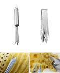 4 Pack Pineapple Eye Peeler And Cutter Kit Stainless Steel V Shape Eye Remover Fork shown with peeled pineapple and eyes removed.