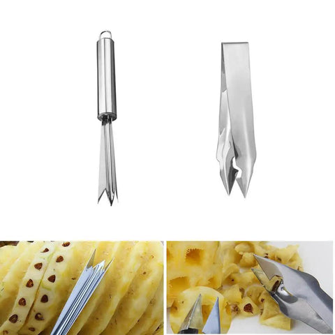 4 Pack Pineapple Eye Peeler And Cutter Kit Stainless Steel V Shape Eye Remover Fork shown with peeled pineapple and eyes removed.