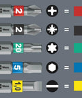 Hex and star bit set on gray background with colorful labels and icons, including the "Stainless 1.5mm Hex Insert Bit For One Quarter Inch Drive".