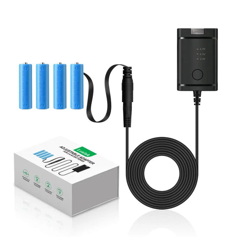 Adjustable AA Battery Power Supply Adapter For 2, 3, Or 4 AAs, Delivers 3V To 6V Output with wires and blue dummy batteries