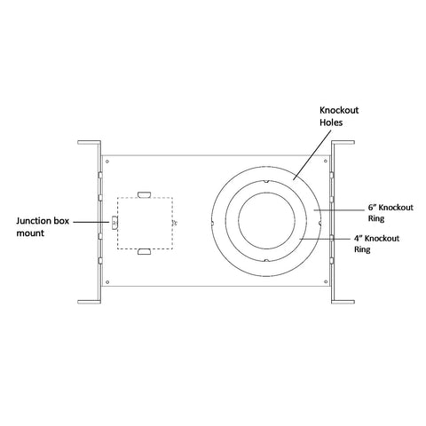 Diagram of a universal mounting bracket plate frame with extendable hanger bars for 2-6 inch recessed canless downlights.
