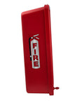 Rugged Outdoor Fire Extinguisher Cabinet Lock Box Red Weatherproof Steel Holder side view with fire extinguisher graphic.