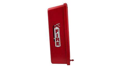 Rugged Outdoor Fire Extinguisher Cabinet Lock Box Red Weatherproof Steel Holder side view with fire extinguisher graphic.