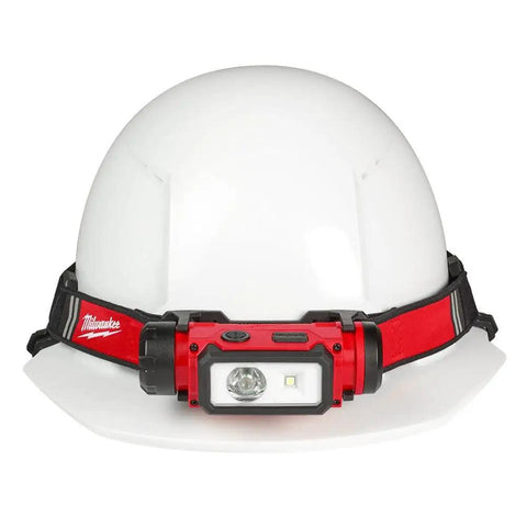 RedLithium USB Hard Hat Headlamp With LED Power 2163-21 on a white hard hat, with adjustable strap and red light housing