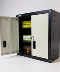 Heavy Duty Steel Security Cabinet With 2 Adjustable Shelves Pre Drilled Holes And Mounting Hardware HMC Tubular Lock With 100 Combinations 66 Pound Frame Load 22 Pound Per Shelf Compact 12 Inch Depth, partially open, showing interior shelves with tools.