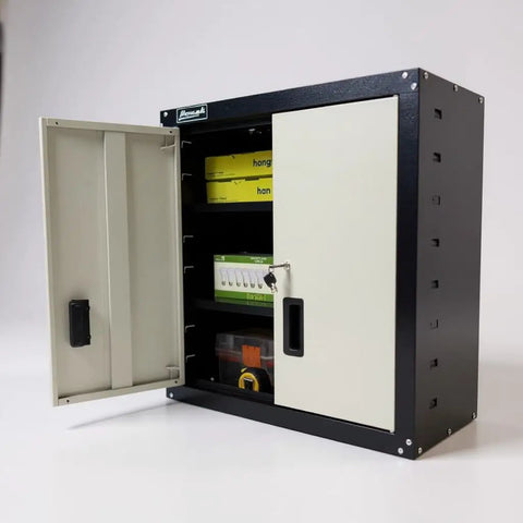 Heavy Duty Steel Security Cabinet With 2 Adjustable Shelves Pre Drilled Holes And Mounting Hardware HMC Tubular Lock With 100 Combinations 66 Pound Frame Load 22 Pound Per Shelf Compact 12 Inch Depth, partially open, showing interior shelves with tools.