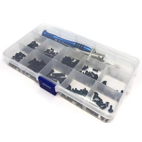 Drop Dead Awesome Carbon Fiber Screw Fastener Kit With Cross Sleeve Hex Swing Arm Pins For 144001 And 124016 Series 1 14 To 1 12 Scale Sick Bashing Rig Mods in clear storage box.