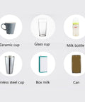 Image showing various drink containers: ceramic cup, glass cup, milk bottle, stainless steel cup, box milk, can.