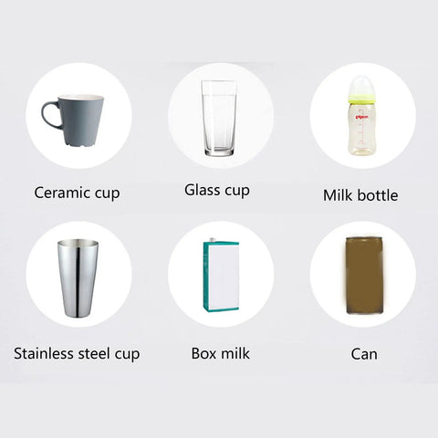 Image showing various drink containers: ceramic cup, glass cup, milk bottle, stainless steel cup, box milk, can.