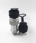 Two silver knurled hydraulic quick-connect couplings with black caps; 3/8'' NPT threads (KZE-B-03SM).