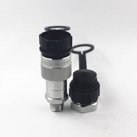 Two silver knurled hydraulic quick-connect couplings with black caps; 3/8'' NPT threads (KZE-B-03SM).