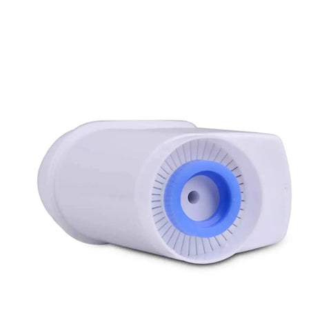 Prime Your Mug With This Solid Soft Water Filter For Coffee Makers. White filter cartridge with blue accents for mineral buildup reduction.