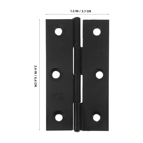 Black Stainless Steel Small Cabinet Door Hinges Set Ten Pack With Screws, foldable bifold design for wood boxes, flat opening view, dimensions shown.