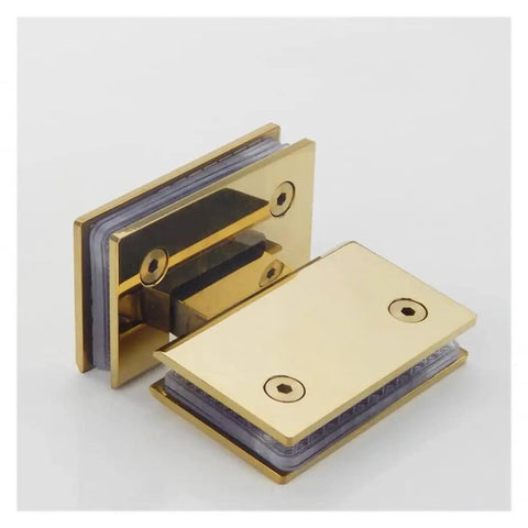 High Octane Glass Door Hinges With Fire Gold Finish Beefy 304 Stainless Steel Construction showing close-up detail of hinge.