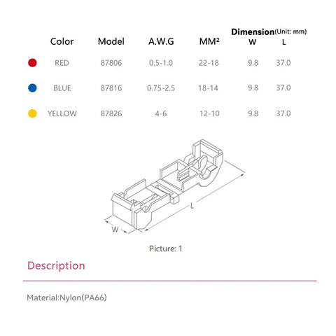 Diagram showing dimensions of Massive 200 Count T Tap Wire Connectors Kit, 100 Pairs Quick Splice Red Terminals, AWG 22 to 18