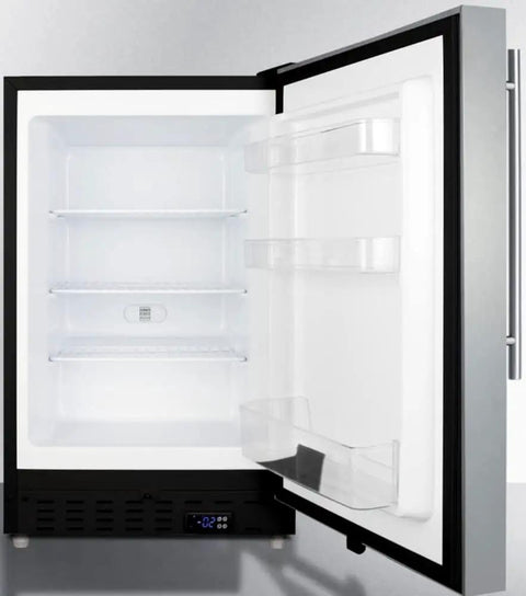 Thirty Two Inch Undercounter All Freezer With Heavy Duty Stainless Steel Shell Fits Like A Glove Beneath Ada Counters interior with shelves visible.