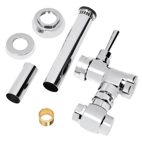 Exposed Manual Toilet Flush Valve With 1.1 GPF Polished Chrome Finish, separate components, brass piston, EPDM seals visible