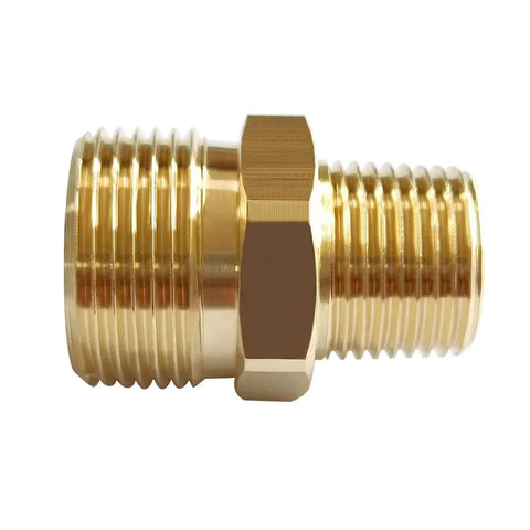 Brass dual-ended pressure washer adapter with M22-14mm male and 3/8 in NPT male threads, hex body