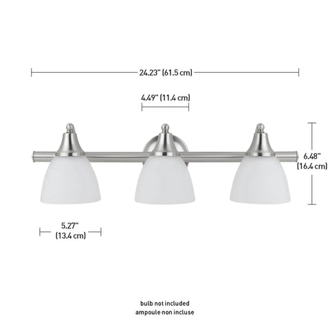 All In One Bathroom Vanity Set With Three Light Fixture, Brushed Steel Finish, dimensions shown, bulbs not included