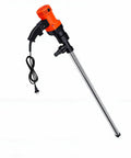 Heavy Duty Electric Drum Pump Featuring Ninety Centimeter Stainless Steel Tube, compact design with orange motor and black hose.