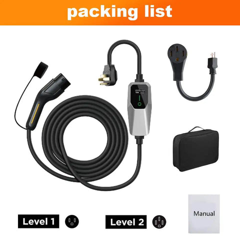 Top Shelf Portable Level One And Two Electric Vehicle Charger Built For SAE J1772 Rides with 20FT cable and plugs.