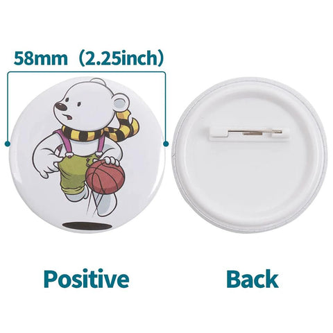 58mm blank pin-back button; white round badge with cartoon bear holding a basketball, front printed, back with metal pin clasp.