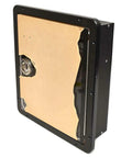 Built Dope Marine Boat Fire Extinguisher Storage Box In Matte Black, side view showcasing countersunk holes and lock.