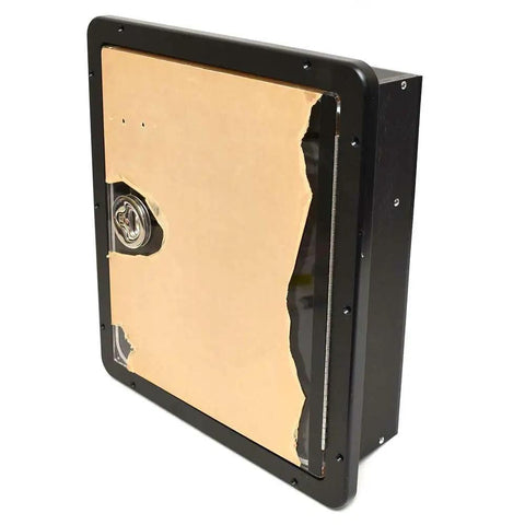 Built Dope Marine Boat Fire Extinguisher Storage Box In Matte Black, side view showcasing countersunk holes and lock.
