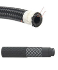 Get Your Ride Fueling Smooth With This 20 Foot Universal 6AN Braided Oil Line Kit Featuring Stainless Steel Nylon Weave And Swivel Ends That Are Total Game Changers For Any Car Or Truck Fuel System Needing Quick Repairs Upgrades. close-up of 6AN braided fuel hose with swivel end