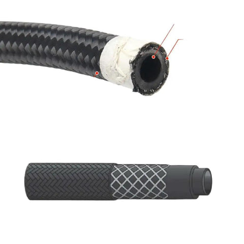 Get Your Ride Fueling Smooth With This 20 Foot Universal 6AN Braided Oil Line Kit Featuring Stainless Steel Nylon Weave And Swivel Ends That Are Total Game Changers For Any Car Or Truck Fuel System Needing Quick Repairs Upgrades. close-up of 6AN braided fuel hose with swivel end