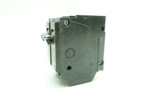 Two Pole 50 Amp 240 Volt Molded Case Circuit Breaker For Residential And Commercial Panels Creates Balanced Power Distribution Ideal For High Demand Appliances Reliable 2P 50A 240V AC Protection, black molded case breaker side view