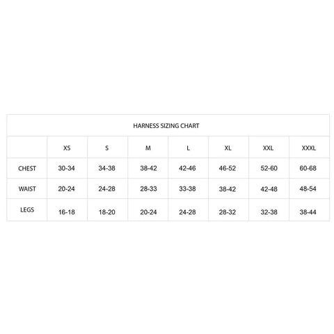 Harness sizing chart for Pro Backyard Zip Line Kit Bundle With Harness And Lanyard Trolley, showing chest, waist, and leg dimensions.