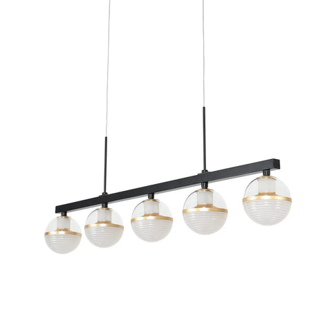 32 Inch Wide Modern LED Kitchen Island Pendant Light Five Light Kit Adjustable Height Dimmable 3000K Warm White Black And Gold Finish