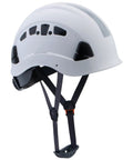 Ventilated White Hard Hat For Jobsite Construction And Arborist Work, ANSI Z89.1 safety helmet with chin strap, side view