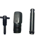Premium Hydraulic Jack Oil Pump Replacement Kit With Solid Metal Bleed Screw And Straight Shot Piston Assembly, featuring three durable metal components.