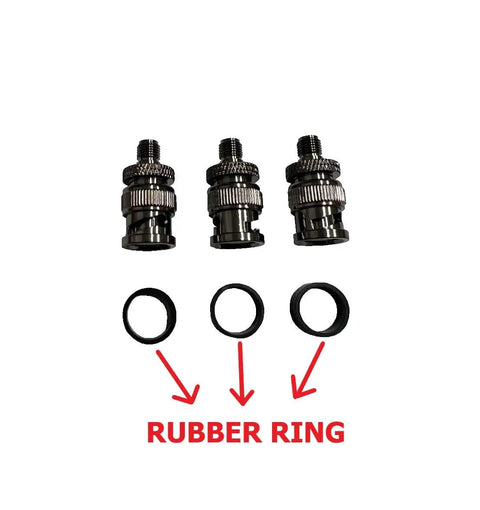 Three Pack SMA Female To BNC Male Coax Adapter Set For Amateur Radio, Antennas, And Video Gear with rubber rings shown.