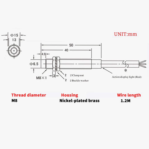 Technical diagram of 5 Pack Inductive Proximity Sensor Switch M8 with thread diameter and wire length details for DIY automation.