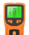 Close-up of 5 in 1 Wall Stud Finder Sensor with Backlit Display showing digital reading on a green screen.