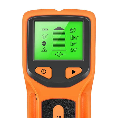 Close-up of 5 in 1 Wall Stud Finder Sensor with Backlit Display showing digital reading on a green screen.