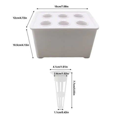 Six Holes Seedling Kit For Hydroponics Growing System shown with dimensions on a white background