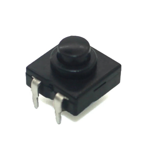 Black push button switch with two metal pins on a white background.