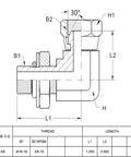 Two Pack Hydraulic Hose Adapter Fitting Three Eighths Inch Male Adjustable Nut O Ring Boss Nine Sixteenths UNF To Three Eighths Inch Female Swivel Three Eighths Inch NPSM Ninety Degree Elbow SAE Pipe Joint Tube Connector Carbon Steel technical drawing