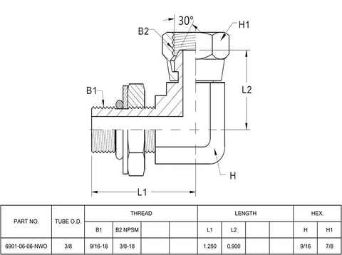 Two Pack Hydraulic Hose Adapter Fitting Three Eighths Inch Male Adjustable Nut O Ring Boss Nine Sixteenths UNF To Three Eighths Inch Female Swivel Three Eighths Inch NPSM Ninety Degree Elbow SAE Pipe Joint Tube Connector Carbon Steel technical drawing
