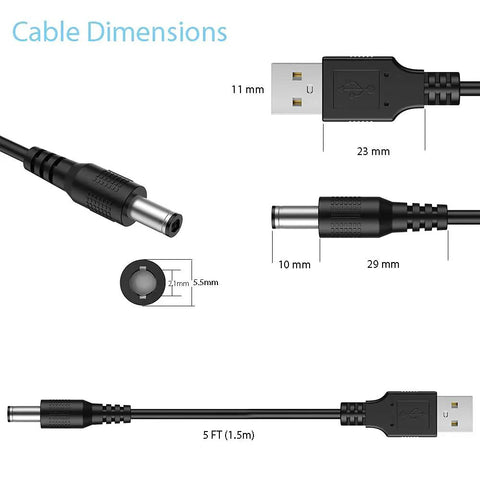 USB To DC 5V Power Cord With 10 Connector Tips For Easy Plug-and-Play Power Across Your Gadgets 5.5x2.1mm Plug Jack Includes 5.5x2.5, 4.8x1.7, 4.0x1.7, 4.0x1.35, 3.5x1.35, 3.0x1.1, 2.5x0.7, Micro USB, Type-C, Mini USB, 5FT, cable dimensions