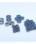 RC Ball Bearing Set For 1 Tenth SCX10 II Kit And RTR, 28 Pcs, Includes 5x11x4mm, 10x15x4mm, 5x10x4mm, 8x16x5mm, 5x14x5mm, And 7x14x3.5mm Bearings For Smooth Spin And Rugged Crawling Performance. assorted steel RC ball bearings with blue seals laid out on a white background