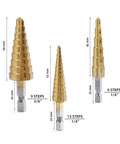 Front view of Aleric Step Drill Bit Set, 3 pcs, titanium-coated HSS bits with gold finish and stepped cones.
