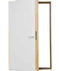 Pro Grade Solid Pine Wall Access Door With Boss Level Thermal Insulation and Crisp White Finish, ready for installation, side view.